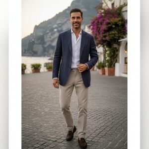 Luca Palazzi 100% Linen Blazer Men 54 XL Navy Blue Italian Made Sport Coat